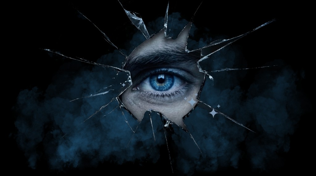 Lark Elwood — blue eye through shattered darkness with mist